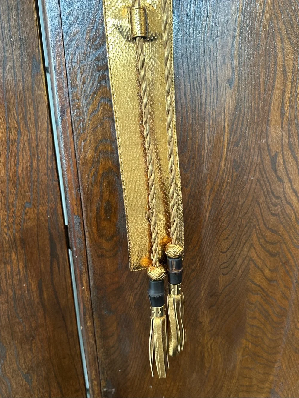 Gucci Python Snakeskin-Leather Metallic Gold Waist Belt w/ Braided Tassel